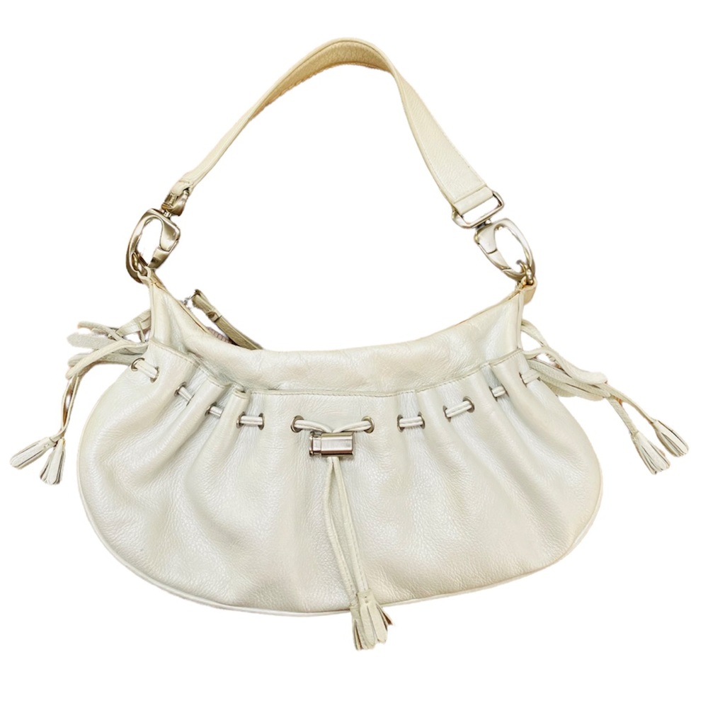 Via Spiga White Leather Purse with Silver Tone Details and Tassel